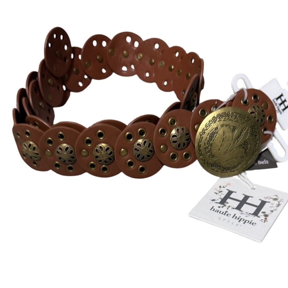 Haute Hippie Style Medallion Disc Belt Cognac Brown Boho Western Grommet New - Picture 6 of 7